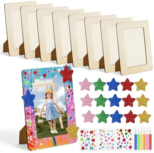 FYSL 8er-Set Holzbilderrahmen zum Bemalen für Kinder (14x19cm) | Bilderrahmen Bastelset mit 6 Wasserfarben, Glitzersteinen | Kreativ-Set zur Selbstgestaltung