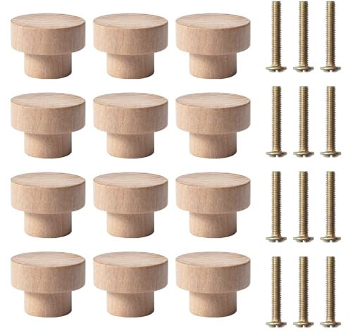 Jinsion Möbelknöpfe Holz, 12 Stück Holz Schubladengriff mit Schrauben,35 x 25 mm Runde Natürliche Holzknauf für Schrank, Kommode, Wohnzimmer, Schubladen, Schrank, Küche, Schminktisch