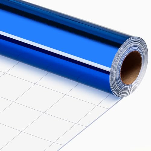 Merture Rouleau de papier cadeau bleu métallisé – 43,2 cm x 10,2 m avec lignes de coupe en grille