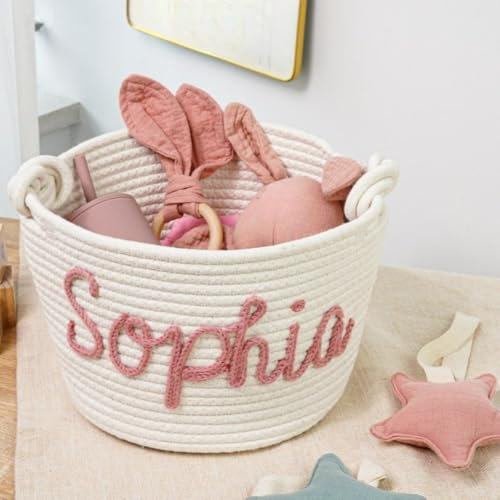 Bocheng Baby-Wickeltasche, personalisierbar, handgefertigt, Baumwollseilkorb, Aufbewahrungskorb, Rosa, tragbar, M-H, 24 x 18 cm