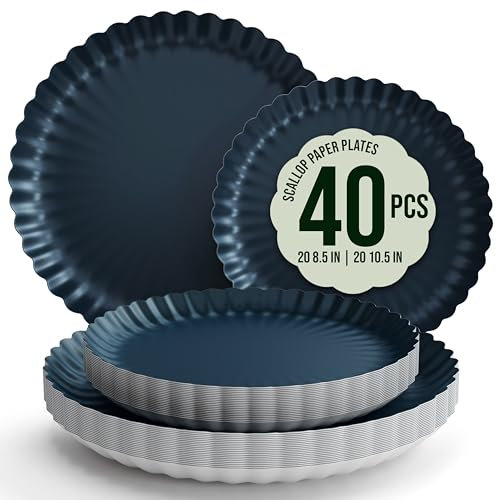 Trendables Floral Paper Plates 8.5 Inch & 10.5 Inch 40 Pcs Dinner Plate Set Fancy Disposable Plates for Party for 20 Guests 20 X 8 & 20 X 10 Large & Small Paper Plate Set for Parties Black Aqua