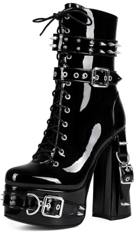 Veelau Meieer Frauen Stiefeletten Plateau Punk Schnürboots mit Riemen Schnallen Nieten Gothic Halbstiefel