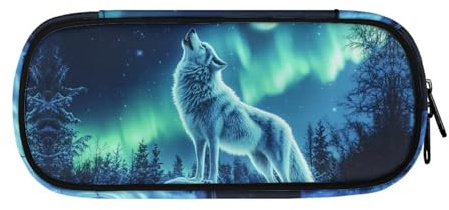 ASQVTIFE Federmäppchen für Schule, Mädchen, Jungen, großes Fassungsvermögen, Federmäppchen mit Fächern, Schreibtisch-Organizer, Aurora Borealis Wolf, L8.8x W1.7x H4.1inches, Aurora Borealis Wolf