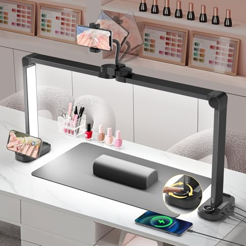 Adonafy Half Moon Light for Nail Desk: 34 Arch Nail Desk Lamp with Phone Holder for Beginner - 3 Color Modes & 10 Brightness Adjustable - Foldable Half Moon Desk Lamp for Salon Manicure (Black)