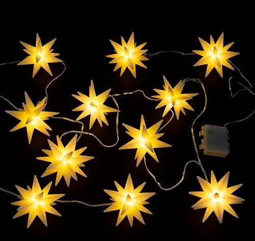 FLCSIed 10 Stück 10.2 cm LED Mini Mährische 3D Stern Lichterkette Hängeleuchte Urlaub Dekoration Veranda Lichter Advent Sterne (10 LED)