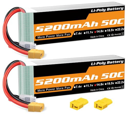 Batterie LiPo 4S 14.8V 5200mAh 50C Prise XT60 pour RC Voiture Camion 2pcs | Batterie LiPo 14.8V 5200mAh, Connecteurs XT60 et T pour Compatibilité Polyvalente, Compatible avec RC Voiture Avion Bateau