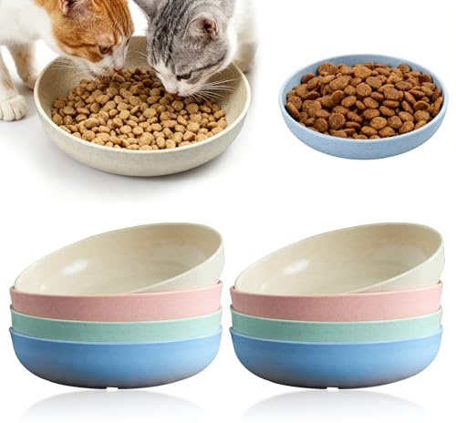 8 Pack Cat Food Bowl Set, Shallow Wide Kitten Bowls, Wheat Straw Cat Food Bowl for Cats, Whisker Friendly Pet Feeding Bowls for Food & Water (Blue Green Pink Beige)