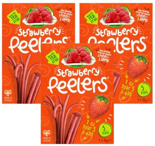 Peelers Strawberry Fruit Snacks, Natural Sweet Treats, Made in Britain, 5 Pack x 10g Real Fruit Healthy Snack Box, Chewy Pastilles, Pack Of 3