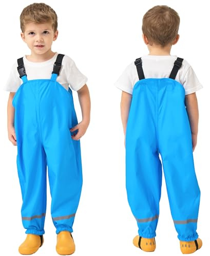Fewlby Pantalones impermeables para niños, para niñas y niños, pantalones de lluvia, impermeables al viento y al agua, con tirantes de lluvia, ropa impermeable para exteriores con tirantes