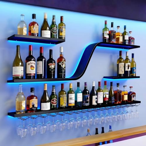 YDEHUEAD 150cm Botellero de Pared 3 Niveles con Luz LED,(150 * 20 * 80cm) | Expositor de Vino Flotante con Estructura Ondeada de Hierro Forjado, Almacenamiento Moderno para Bar, Cocina, Restaurante