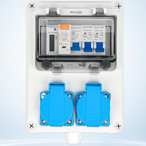 Sorlpv Baustromverteiler Wandverteiler, Komplett Verdrahtet Stromverteiler mit 16A 230V Schuko, FI-Schalter, LS Schalter und Stromzähler, IP67 Wasserdicht Gehäuse für Außen Innen Werkstätten Fabriken
