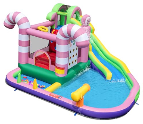 GYMAX Inflatable Water Park, 9 in 1 Kids Bouncy Castle with Slide, Climbing Wall, Water Cannon, Tic Tac Toe Game, Ball Pit & Basketball Hoop, Children Jumping House for 3-10 Years Old, 425x375x225cm