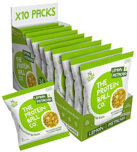The Protein Ball Co Lemon & Pistachio Plant Protein Balls - Vegan Snack, Healthy Snacks, Gluten-Free, No Added Sugar - On-the-Go Energy Balls, Box of 10 bags