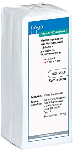 Höga OP Kompressen, aus unsterilem Verbandmull - 5 x 5 cm – 100 Stück, 2er-Pack.