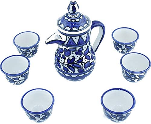 Holy Land Market Ceramic Coffee Set - Blue Flower design (8.7 Pot & 1.6 Inch each Cup or 22 & 4.05 cm) - Asfour Outlet Trademark