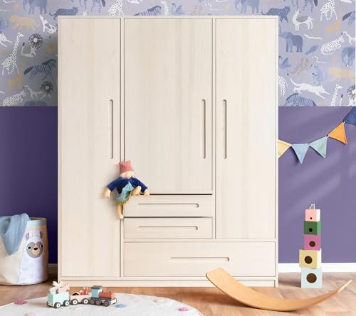 BioKinder Kleiderschrank Kinderkleiderschrank 3-türig Lina Schrank aus zertifiziertem Bio-Massivholz Kiefer Naturweiß lasiert H 190 x B 153 x T 55 cm
