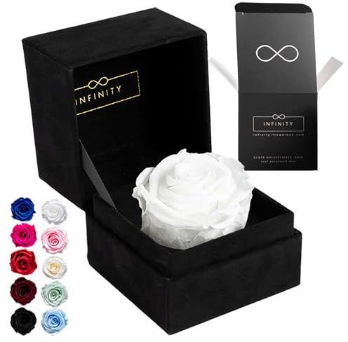 Infinity Flowerbox - 1 Echte Ewige Rose in aufklappbarer Rosenbox (3 Jahre haltbare konservierte Rose). Direkt in Geschenkbox als edles Geschenk für Frauen