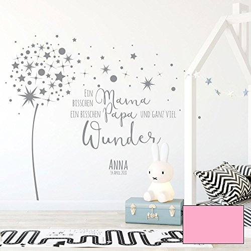 Wandtattoo Babyzimmer Wandsticker Pusteblume Spruch Zitat & Sterne mit Namen & Datum M2342 - ausgewählte Farbe: *rosa* ausgewählte Größe: *XXL - 160cm hoch x 202cm breit*