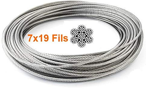 Cable 6mm inox 316 Souple 7x19 inox 316 - A4 Longueur 10m 20m 50m 70m 100m (Couronne 100m)
