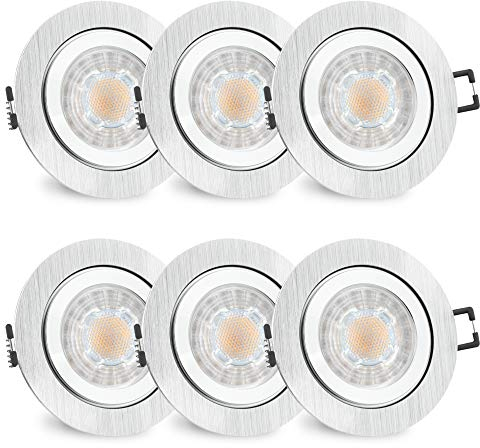 SSC-LUXon 6er Set RW-2 Bad Einbaustrahler GU10 LED - inkl. wechselbarem LED GU10 3W warmweiß - 6x Spot gebürstet rund IP44 Bad & Küche
