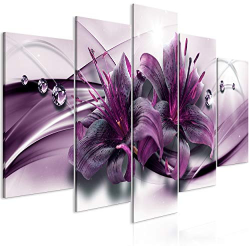 decomonkey Bilder Lilie Abstrakt 200x100 cm 5 Teilig Leinwandbilder Bild auf Leinwand Wandbild Kunstdruck Wanddeko Wand Wohnzimmer Wanddekoration Deko Blumen violett