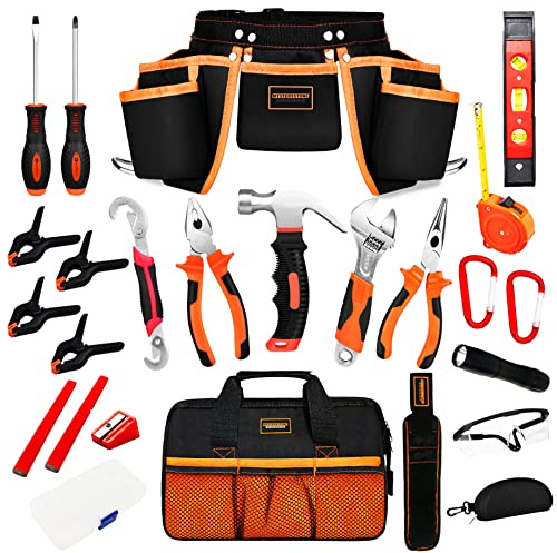 R RECOMFIT 25 Pieces Kids Real Tool Kit Children Real Tool Set with Real Hand Tools, Kids Tool Belt, Pouch Bag,Magnetic Wristband for Small Hands DIY Woodworking Projects Home Repair