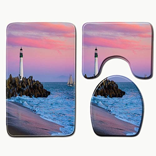 Badgarnitur Set 3 teilig Roter Sonnenuntergang Leuchtturm Super weich Badematten-Set,Schnelltrocknend Waschbar, mit Badezimmerteppich, WC-Vorleger, WC-Bezug,U-Förmige Matte Badezimmer 45x75 cm