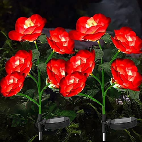 eaaerr Solarlampen für Außen Garten - 2 Stück Solarleuchten Garten mit 10 Größer Rose Blume, Wasserdicht LED Solarleuchten Garten Deko für Büsche, Rasenflächen, Blumenkästen, Gehweg (Rot)