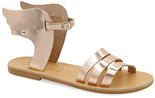 Emmanuela Antike griechische Sandalen aus Leder mit verstellbarem Schnallenriemen, hochwertige handgefertigte Sommerschuhe für Damen, Riemchen Sandalen mit Flügeln Roségold, Weiß, Schwarz, Gelb