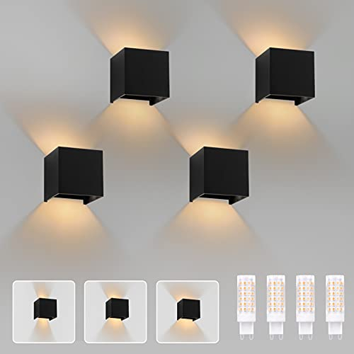 Klighten 4 Stücke Wandleuchte mit Austauschbarer G9 LED Lampe Warmweiß 3000K, Aluminium LED Wandlampe Innen/Aussen Einstellbar Abstrahlwinkel aussenbeleuchtung für Wohnzimmer Garten, Schwarz