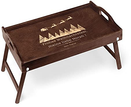 Maverton Serviertisch mit Gravur, Snack-Tablett mit Griffen, Dunkelbraun | Klappbare Beine, erhöhter Rand, zu Weihnachten, Dunkelbraun, Tannenbäume