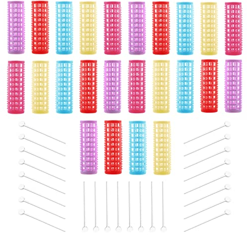 YONGTTFEI Plastic Brush Hair Rollers with Roller Pins Mesh Hair Rollers for Women Girls Hair, 48 Piece Set (Random Color)