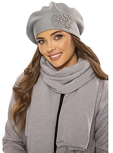 VIVISENCE Damen Baskenmütze Eleganter Wintermütze Und Schal Set Warm Kopfbedeckung Und Halsbedeckung An Winter Und Herbst Warm Dick, Winterset Für Frauen, Hergestellt In EU, Hellgrau