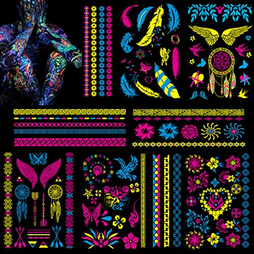 Feelairy 7 Blatt Groß Klebetattoos Temporäre Neon Tattoos, Glitzer Schwarzlicht Schminke UV Body Face Painting Tätowierung Tattoos Aufklebe für Maskerade Halloween Karneval Schminke