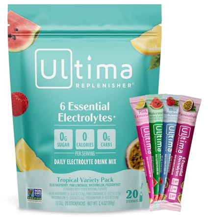 Ultima Replenisher Daily Electrolyte Powder – Tropical Variety Pack, 20 Stickpacks – Zero Sugar Hydration Packets with 6 Electrolytes and Minerals – Sugar Free, Plant Based & Keto Friendly Drink Mix