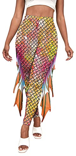 ORANDESIGNE Damen Meerjungfrau Leggings mit Flossen Hohe Taille Fischschuppen Strumpfhosen Halloween Karneval Kostüm Skinny Hose Mermaid Trousers Schuppenmuster Leggings A Gelb S