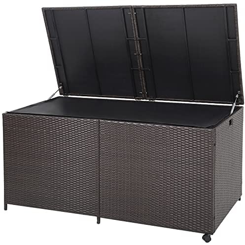 COSTWAY 270L/660L Garden Storage Box, Waterproof Rattan Deck Box with Wheels, Zippered Liner & Pneumatic Rod, Outdoor Patio Wicker Chest Bench Table for Cushion Tool Toy (660L, with Wheels)