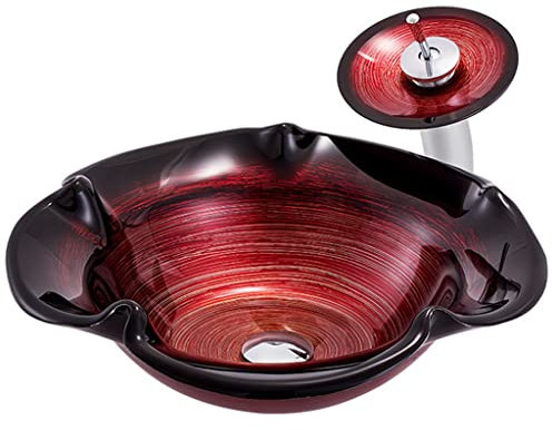 Lavabo de Salle de Bain Artistique en Forme de pétale, lavabo en Verre trempé, Vasque, évier de comptoir, Meuble-lavabo (Rouge 48,5 x 48,5 x 15,5 cm)