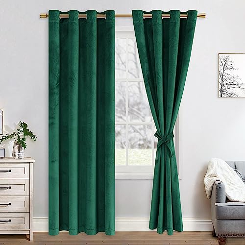 JIUZHEN Verdunklungsvorhang aus Samt, 2er Set Grün Samtvorhang weiche blickdichte Gardinen Grün Samtvorhang mit Ösen Vorhänge Samt für Deko Schlafzimmer Wohnzimmer,140x215cm (B x H),Dunkelgrün