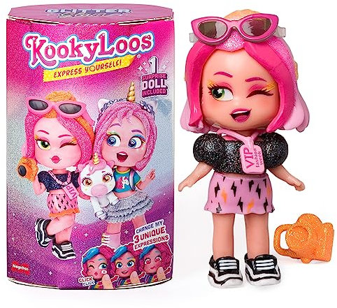 KOOKYLOOS Serie Glitter Glam – Muñeca Sorpresa Coleccionable con Accesorios de Moda, Ropa, Zapatos y Juguetes, con 3 Expresiones Divertidas