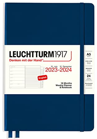 LEUCHTTURM1917 367684 Weekly Planner & Notebook Medium (A5) 2024, 18 mesi, blu navy, inglese