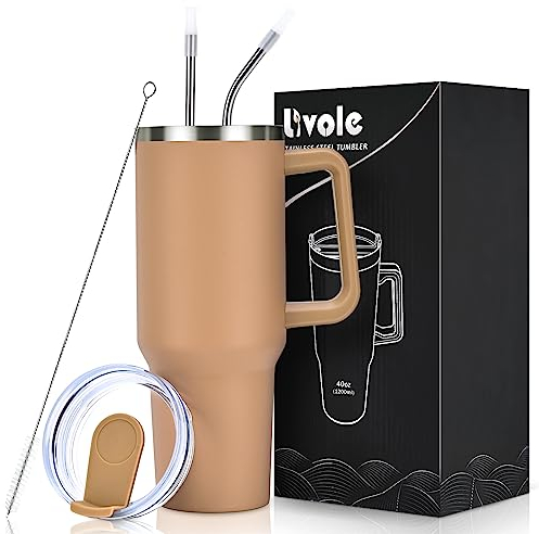 Livole 40oz 1200ml Trinkbecher mit Deckel und Strohhalm, Edelstahl Thermobecher mit Henkel, Doppelwandig Kaffeebecher to go, Vakuum Isolierter Tumbler Becher für Camping, Sport, Auto, Büro, Kamel