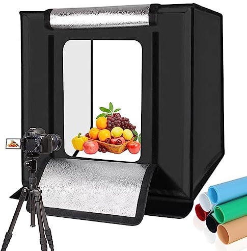 OBEST Scatola luminosa studio fotografico, 60 x 60 cm, Light Box Photographic Studio, con 2 sorgenti di luce rimovibili (166 perle di luce LED), sfondo a 6 colori e luce morbida a due colori