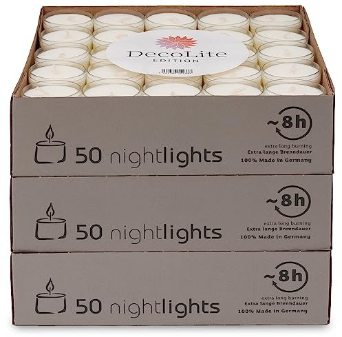 DecoLite: 50-500 Teelichter Nightlights in transparenter Hülle | 8 Stunden Brenndauer | 100% made in Germany | RAL Geprüft | höchste Qualität | Kerzen in Durchsichtigem Behälter (150)