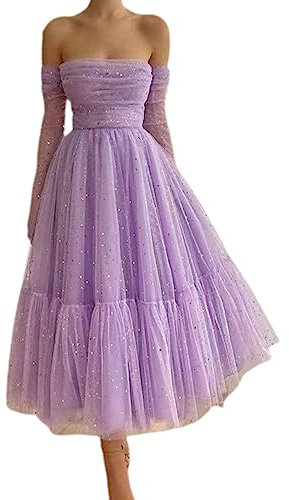 Abito da sera lungo da donna, con paillette, senza spalline, a maniche lunghe, con volant in tulle, con schiena scoperta, Lilla, M