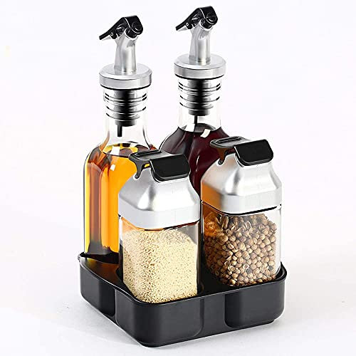 Vinegar, Oil, Salt and Pepper Dispenser Set - Vinegar Cruet Set - Glass Bottle, Stainless Steel - 5 Pieces-Style B