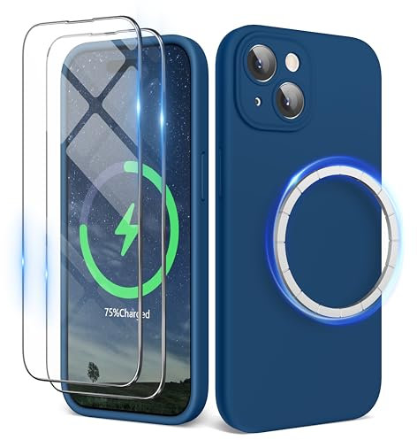 SURPHY Magnetic Case for iPhone 15 Plus Case with Screen Protector, Liquid Silicone Anti-Scratch Compatible with MagSafe Gel Rubber Phone Case for iPhone 15 Plus 6.7 inch, Horizon Blue
