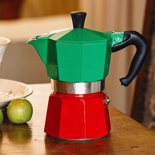 Conyee Coffee Pot, Moka Pot Italian Coffee Maker 6 cup/10 OZ Stovetop Espresso Maker for Gas or Electric Ceramic Stovetop Camping Manual Cuban Coffee Percolator for Cappuccino or Latte- Green+Red