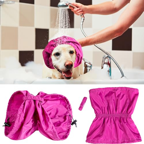 Paterr 2 Pcs Waterproof Dog Shower Cap 11.81 Bath Cap with Adjustable Strap Dog Ear Covers for Bath Washing Raining Swimming Ear Prevention, Purple