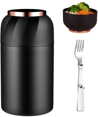 Vegena Food Flask, 500ml Thermos Food Flask with Folding Fork, Stainless Steel Vacuum Insulated Food Containers, Portable Leakproof Food Jar Soup Food Flasks for Hot Cold for School Office(Black)